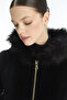 Fur Hooded Zippered Coat Black 13968 - 4
