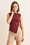 Women's Burgundy Crew Neck Sleeveless Modal Ribbed Fabric Blouse with Side Button Detail