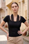 Women's Halter Neck Lace-Up Short Sleeve Blouse - 2