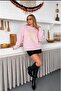 Women's Yildiz Oversize Knitwear Pink Sweater - Soft Textured Crew Neck - 3