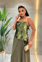 Top Sequin Bottom Chiffon Designer Dress - Khaki Green - 4