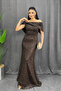 Beaded Lace Fabric Boat Neck Evening Dress - Brown - 2