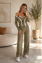 Women's Khaki Wrinkled Fabric Inside-Strapped Wide-Leg Lined Trousers and Ruffled Blouse Bottom-Top Two-Piece Set