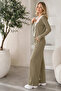 Women's Khaki Wrinkled Fabric Inside-Strapped Wide-Leg Lined Trousers and Ruffled Blouse Bottom-Top Two-Piece Set - 2