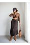 Crep Women's Lace Ribbon Detailed Flounced Bohemian Long Asymmetrical Skirt Brown - 6