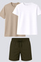 Men's Linen Shorts & Beige - White Basic Cotton T-Shirt – Comfortable Fit, Breathable 3-Piece Set