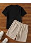 Printed Detailed Black T-Shirt and Beige Shorts Set - 2