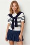 Women's Navy Blue Scarf Detailed Striped Short Sleeve Knitwear Blouse Blz-19003353 - 4