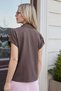 Women's Lycra-Free Wrinkled Fabric Collared Pocket-Covered Epaulet Low-Shoulder Short-Sleeve Shirt - Brown - 7