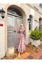 Women's Floral Pattern Buttoned and Waist-Tied Dress Pink - 16
