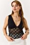 Women's sheer guipure lace backless blouse with thick straps - black - 2