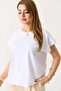 Women's white short-sleeve top with flat sleeves and stitching detail