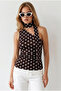 Women's Polka Dot Brown Halter Neck Belted Polyamide Blouse Blz-19003374