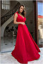 Women's Strappy Shoulder Double Breasted Collared Long Slit Janjan Crepe Dress - S-M - Red - 5
