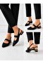 Women's Black Short Heeled Pointed Toe Ankle Buckle Stylish Shoes