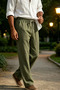 Men's Khaki Linen Cotton Pants with Elastic Waist, Comfortable and Breathable
