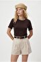 Women's Marine Collar Embroidered 100% Cotton Short Sleeve Brown Knitted T-Shirt - 3