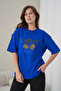 Women's Leopard Patterned Cherry Printed Cobalt Blue Round Neck T-Shirt Black Jogger Sweatpants Set
