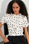 Women's White Satin Surface Gathered Detailed Short Sleeve Polka Dot Blouse Hzl26S-Bd1400121 - 5