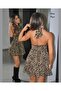 Intive Sugar Leopard Pattern Wrap Collar Halter Neck Low-Cut Mini Nightgown/Dress - 4