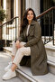 Women's Khaki Double-Breasted Trench Coat with Belt, Water-Repellent Long Overcoat - 3