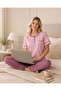 Women's Pink Polka Dot Patterned 100% Cotton Crew Neck 3 Button Chest Pocket Short Sleeve Pajama Set - 6