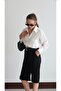 Women's Black Fabric Bermuda Trousers with Slit Detail at the Hem - 2