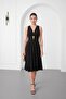 Women's Black Backless Gold Accessory Detailed Midi Evening Dress
