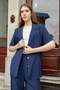 Women's Lycra-Free Linen-Look Fabric Collared Flato Pocketed Short Sleeve Blazer Jacket-Navy Blue - 3