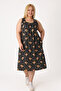 Women's Large Size Black Patterned Pocket Sleeveless Cotton Dress