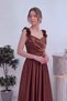 Women's Off Shoulder Floral Detailed Princess Pleated Satin Woven Dress White, Brown, Navy Blue, Black - 4