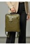 Genuine Calfskin Unisex Backpack with Zippered Sides and Gussets, Olive, Olive Green, Square Design, Real Leather Bag - 2