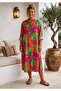 Green-Fuchsia Judge Collar Long Sleeve Patterned Buttoned Hidden Pocket Casual Viscose Woven Dress 118 67