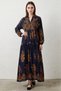 Women's Shirt Collar, Gathered Waist, Authentic Patterned Viscose, Navy Blue, Hijab Dress - 3
