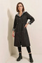 Women's Hooded Gathered Waist Striped Black Trench Coat - 4