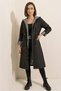 Women's Hooded Gathered Waist Striped Black Trench Coat - 2