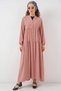 Women's Round Neck Gathered Waist Long Sleeve Salmon Hijab Dress - 5