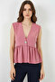 Women's V-Neck Gathered Waist Buttoned Zero Sleeve Dusty Rose Blouse - 2