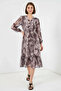Women's V-Neck Gathered Waist Patterned Chiffon Light Beige Dress