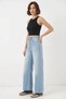 Women's High Waist Denim Wide Leg Light Blue Palazzo Trousers - 2