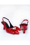 Women's Red Patent Leather Bow and Stone Accessory 7 cm Heeled Shoes and Bag Set - 6