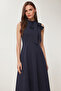 Scarf Detailed Midi Woven Dress Lnt0036 Dark Blue - 3