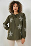 Women's Shirt Collar Long Sleeve Embroidered Floral Pattern Khaki Blouse - 3