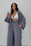 Women's Anthracite Kimono Set with Long Slits and Seersucker Textured Trousers, Bohemian Summer Combination - 3