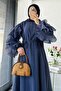 Premium Tulle Jacquard Dress with Ruffle Sleeves - Navy Blue - 3
