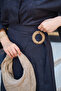 Women's Hidden Button Detailed Straw Trousers Set Navy Blue - 5