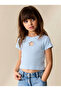 Girl's Stone and Embroidery Detailed Combed Cotton Crop Tshirt Blue