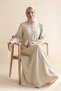 Ecru Women's 100% Cotton Muslin Fabric Waist-Tied Drawstring Buttoned High Collar Long Hijab Dress Anti-Sweat Summer Dress - 5