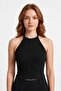 Premium - Tide Collection |   Black Halter Neck Halter-Neck Tied Wrinkled Textured Women's Crop Blouse