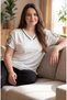 Women's Plus Size V-Neck White Stripe Sleeve Tulle Big Flower Detail Side Slit Stretchy Viscose Blouse - 5